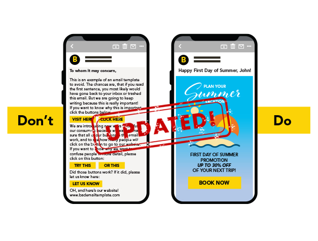 two phones that display different email templates
