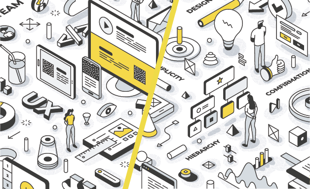 graphic with various screens and analytics