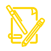 Yellow graphic of paper with a pen, pencil, and paperclip on top indicating content development