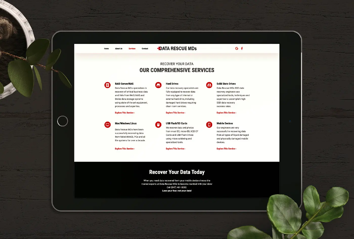 An ipad showing the clear, helpful, and reassuring user experience on the Data Rescue MDs website