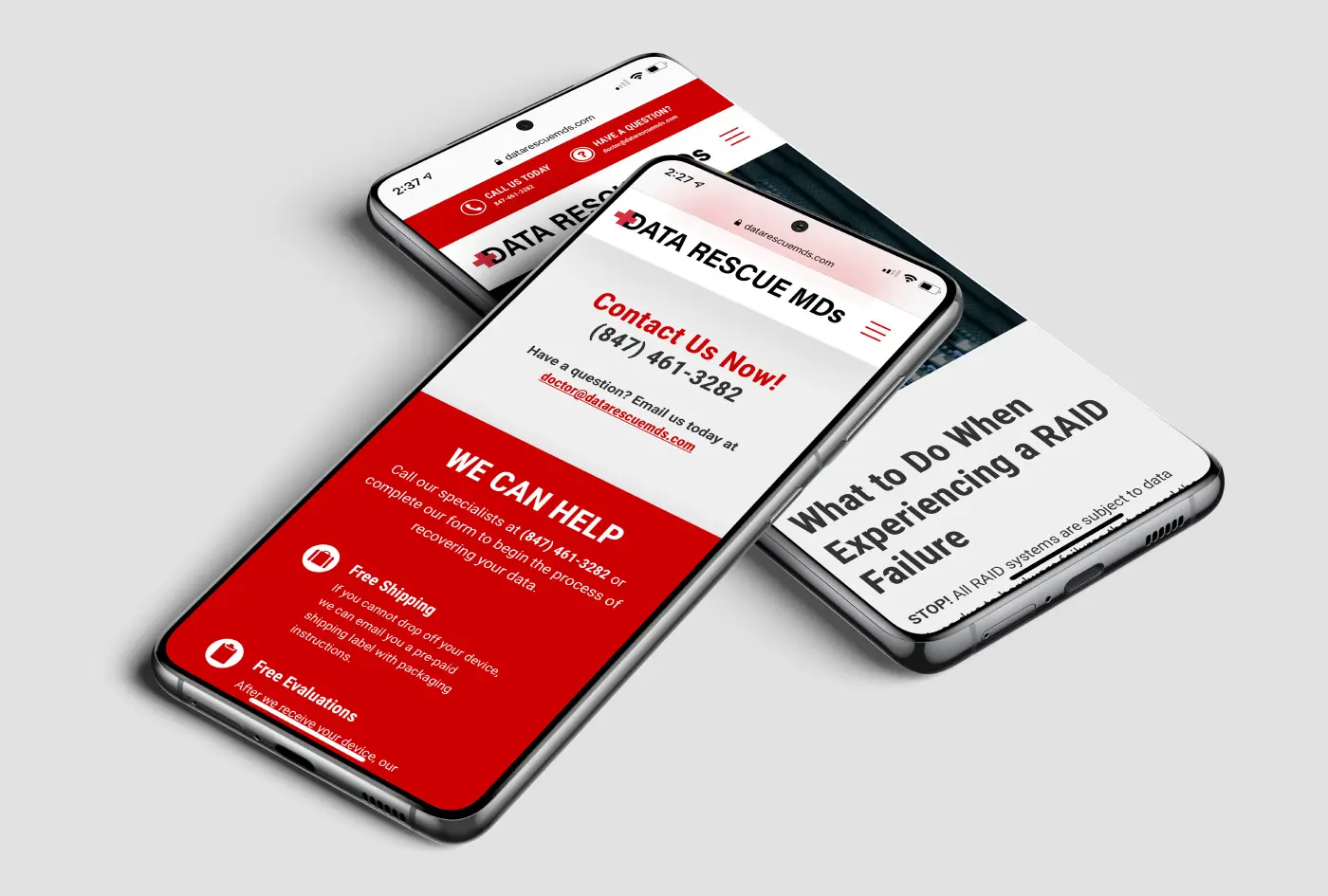 Two iphones showing the Data Rescue MDs website that builds confidence in the company’s expertise and reliability