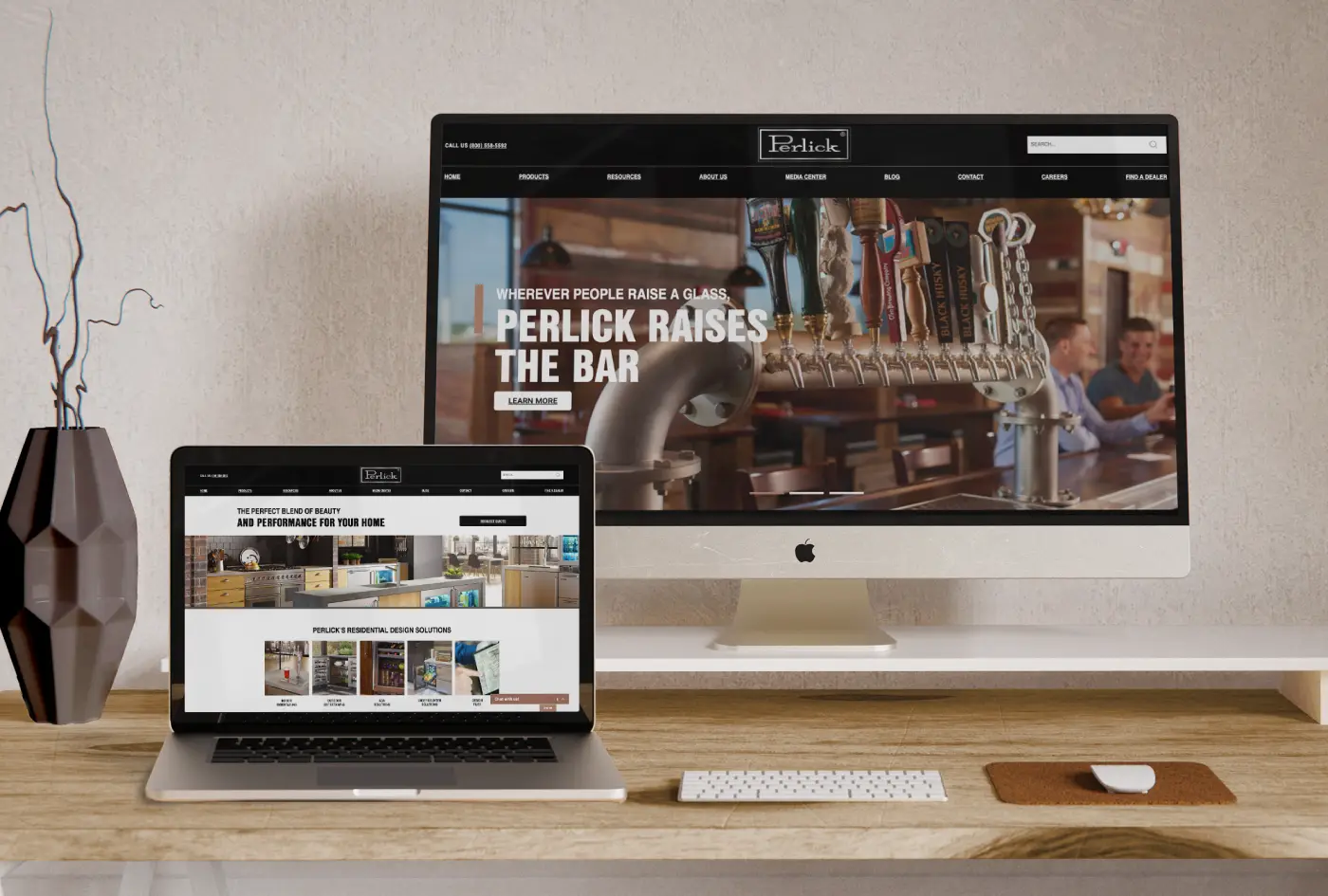 Laptop and desktop screens show the user-friendly navigation we built into the Perlick website.