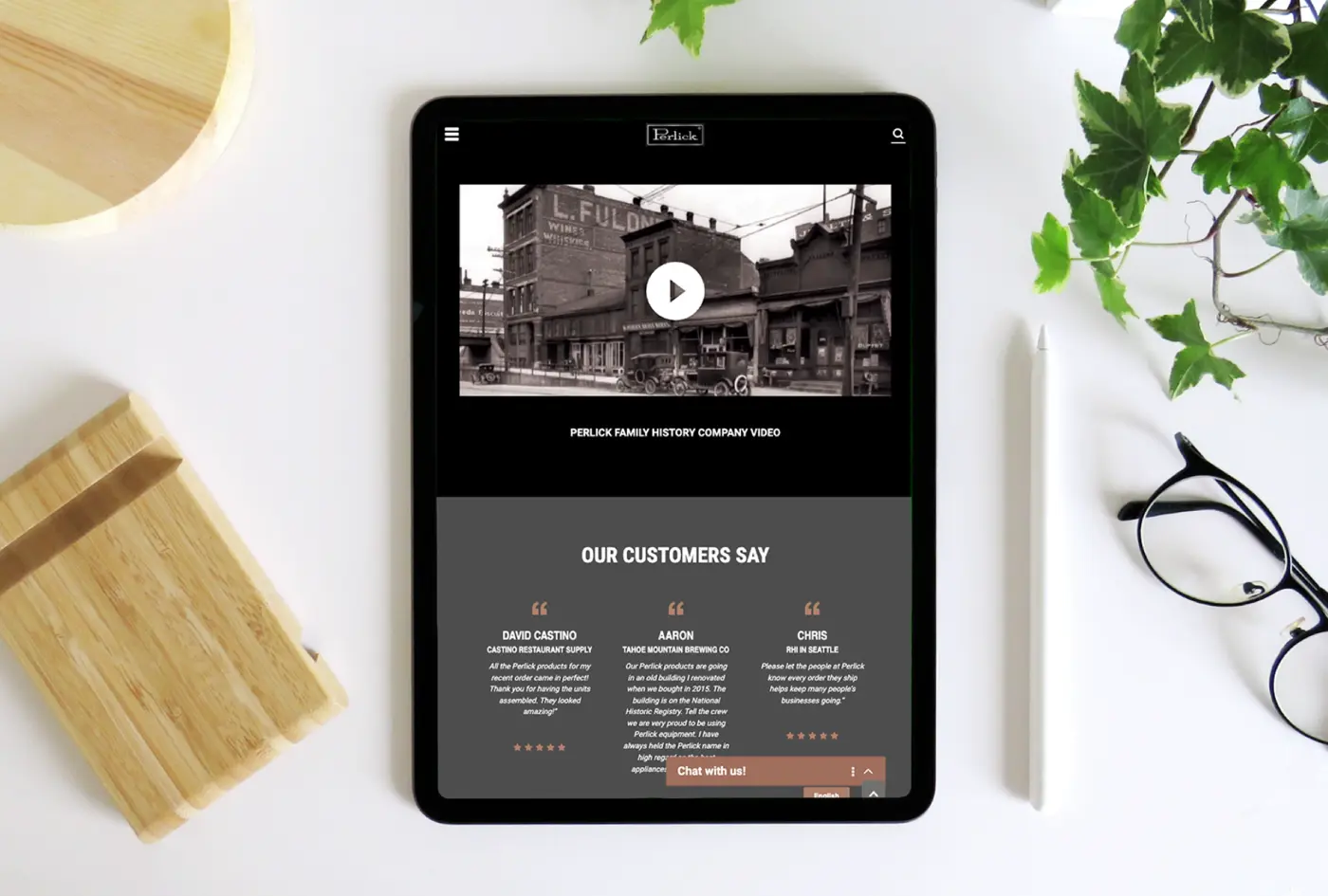 Perlick website page celebrating company history via engaging video and content, increasing time-on-site.