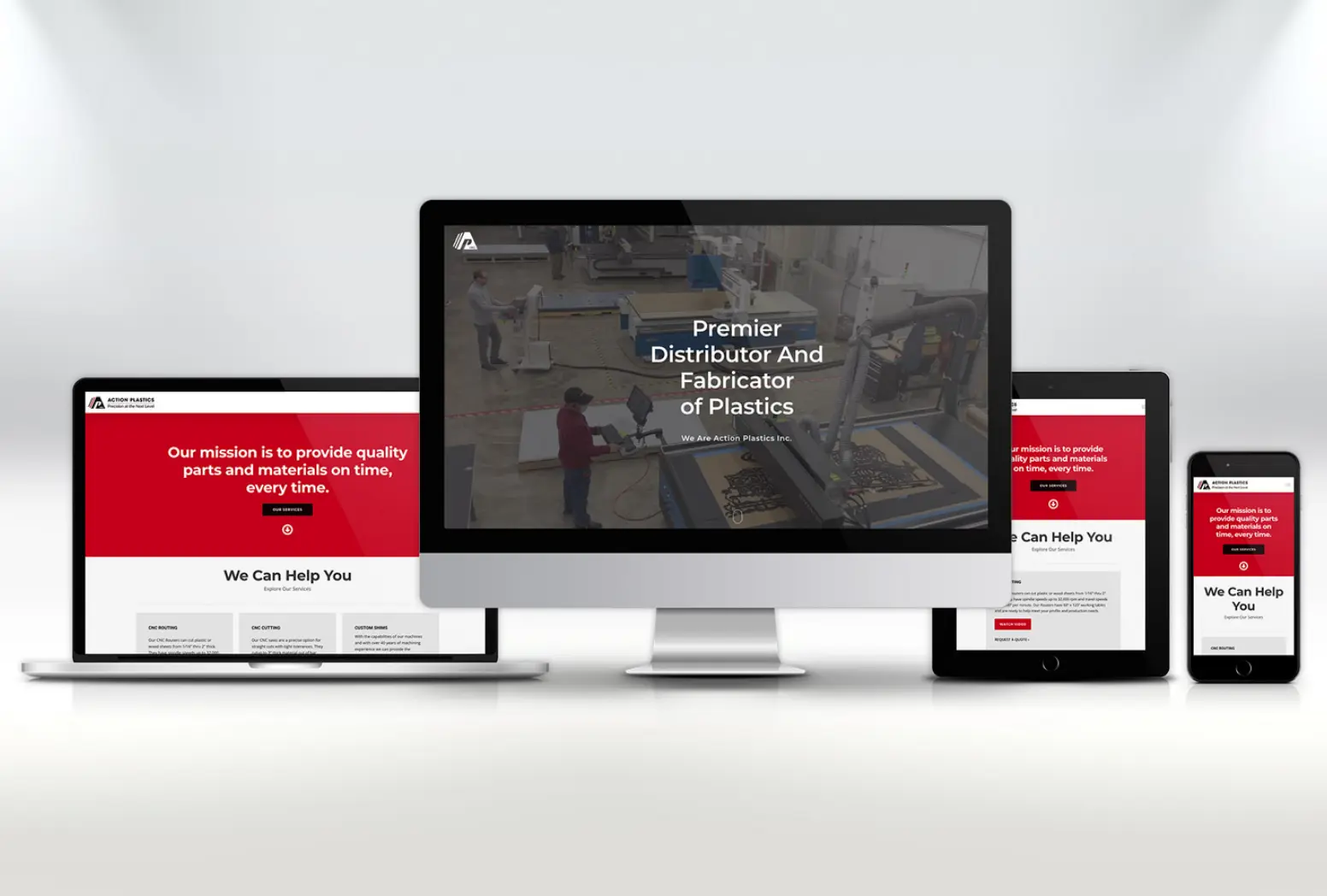 Different-size devices showing website pages we designed for Action Plastics.
