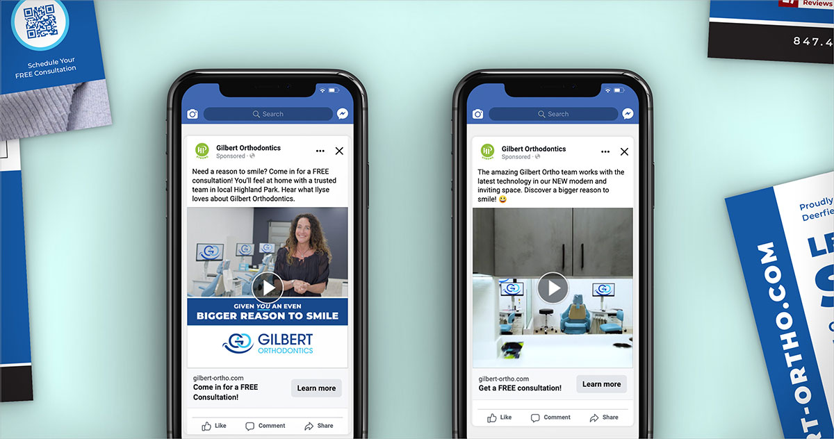 Two phones display Gilbert Ortho social posts